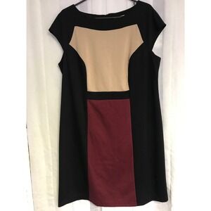 Dressbarn Womens Plus 16 Colorblock Sheath Dress Black Tan Burgundy Cap Sleeve